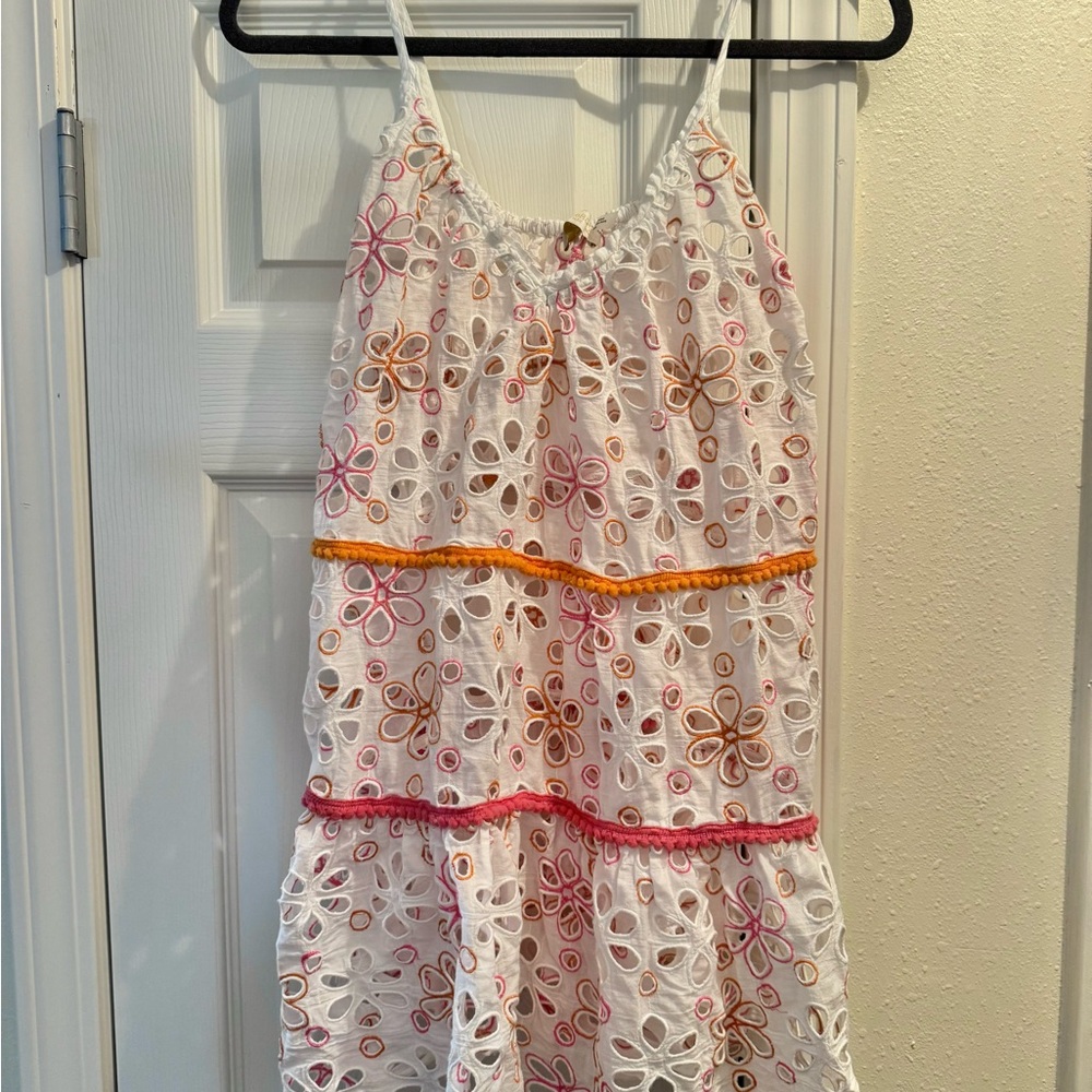 Ramy Brook White Eyelet Swim Cover-Up Dress with Pink and Orange Embroidery